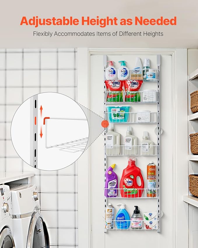 VEVOR Over the Door Pantry Organizer, 6-Tier Pantry Organization and Storage, Heavy-Duty Steel Hanging Spice Rack, Adjustable Wall Seasoning Shelves, for Home Kitchen Laundry Room Bathroom, White - Image 3
