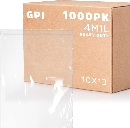 GPI - 10" x 13" - Bulk Case of 1000, 4 Mil Thick, Heavy Duty, Clear Plastic Reclosable Freezer Zip Bags, Strong & Durable Poly Baggies with Resealable Zipper Top Lock.