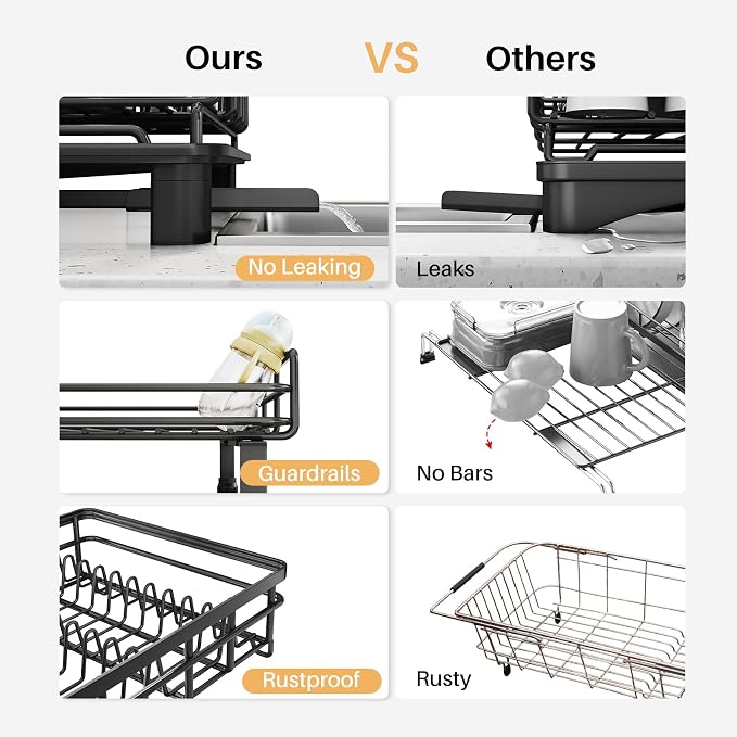 Expandable Dish Drying Rack for Kitchen Counter, Stainless Steel, Black - Image 3