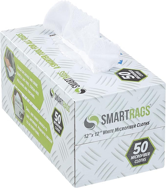Arkwright Smart Rags Microfiber Cleaning Cloths, Pack of 50 in a Box, Lint Free 180 GSM Reusable Towels for Auto, Office and Household Cleaning, 12 x 12 in, White by Arkwright