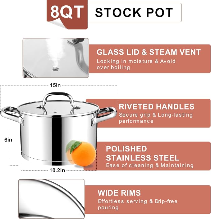 E-far Stainless Steel Stock Pot, 8 Quart Pot with Glass Lid for Soup Pasta - Image 4