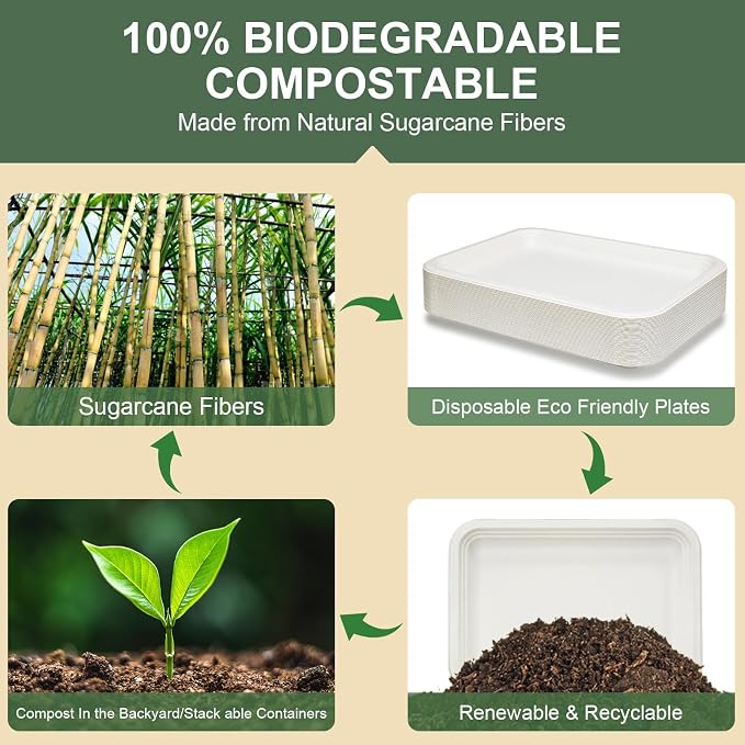 60 Pack Compostable Paper Plates, 14 Inch Heavy-Duty Bagasse Trays | Microwave & Freezer Safe, Biodegradable, Water & Oil-Resistant, Disposable Paper Plates for Birthday Weddings Parties BBQ - Image 4