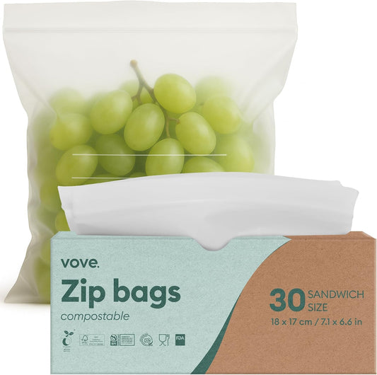 Vove Compostable Sandwich Bags, Medium 30 Count – Freezer Safe, Leak Proof, Non Toxic, Writable Surface for School Lunches & Meal Prep, Eco-Friendly