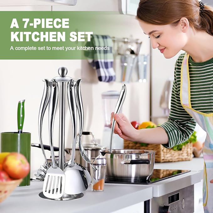 18/10 Stainless Steel Cooking Utensils Set with Holder, 7-Pieces All Metal Kitchen Utensils, Kitchen Cooking Tools, Kitchen Tools with Countertop Rotating Stand - Image 5