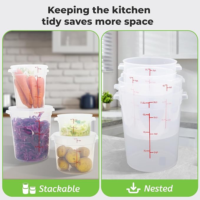 BIEAMA 4 Pack 12 Qt Round Food Storage Containers with Lids, Translucent PP | Include lids, labels, measuring cups and containers with capacity markings for food prep, pantry storage and dough proofing. - Image 6