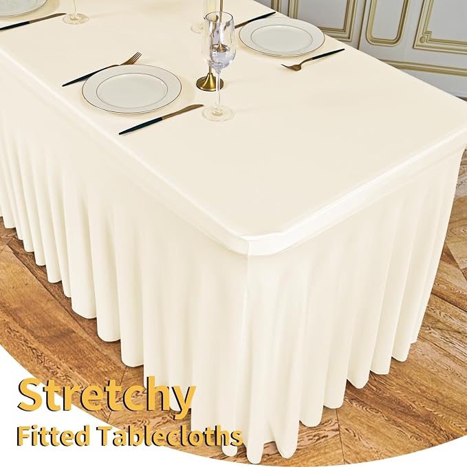 2 Packs Ivory Spandex Table Clothes for 8 Ft Tables - Image 4