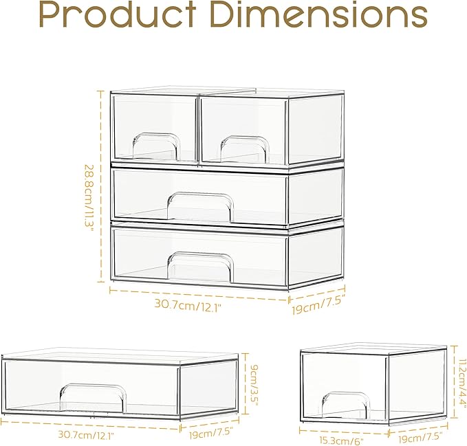Criusia Stackable Storage Drawers, 4 Pack Clear Plastic Makeup & Bathroom Organizer, Versatile Storage Bins for Vanity, Under Sink, Kitchen Cabinets & Pantry - Image 2