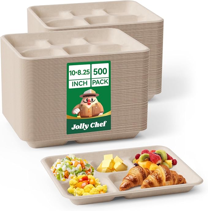 Compostable 5 Compartment 10*8.25*1 Inch 500 Pack Heavy Duty Paper Plates | Small Divided Disposable Plates Natural Eco-Friendly Biodegradable Food Tray for School Lunch Dinner by JOLLYCHEF
