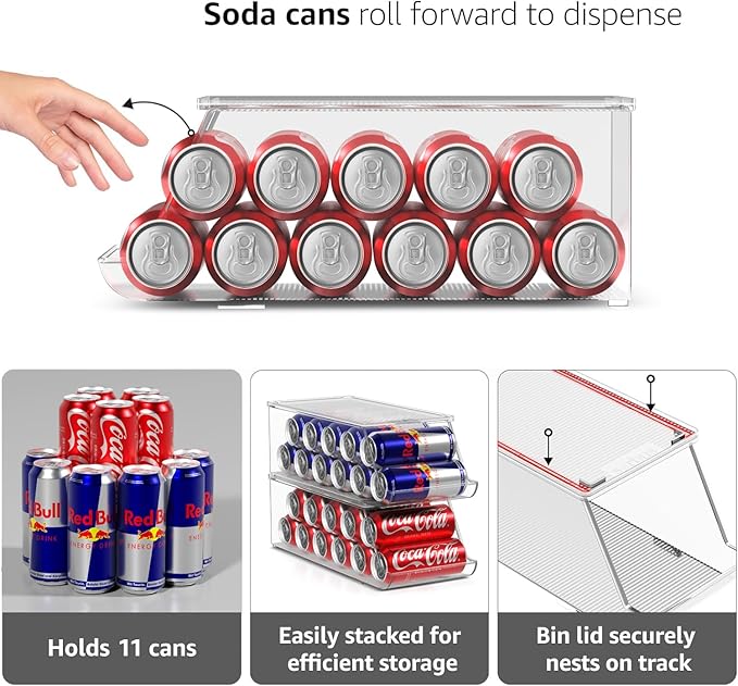 Sorbus Clear Skinny Can Organizer for Fridge, Stackable with Lids (2 Pack) | BPA-free construction keeps drinks arranged and visible, with easy dispenser access for chilled storage and restocking. - Image 5