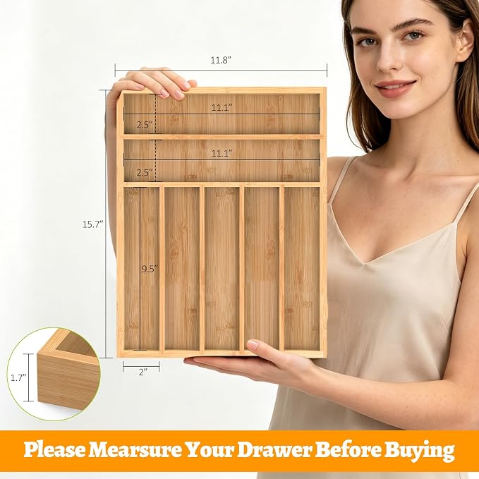 Bamboo Silverware Drawer Organizer, 7 Slots Kitchen Drawer Tray | Bamboo Kitchen Drawer Cutlery Organizer, Utensil Holder, Flatware Organizer Tray (11.8"x15.7"x1.7"), Natural - Image 3