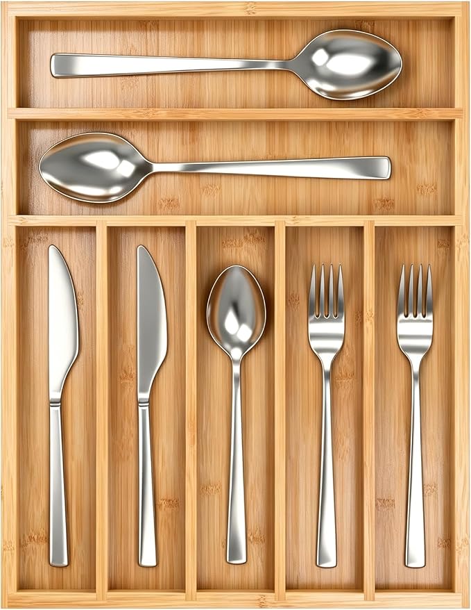 Bamboo Silverware Drawer Organizer, 7 Slots Kitchen Drawer Tray | Bamboo Kitchen Drawer Cutlery Organizer, Utensil Holder, Flatware Organizer Tray (11.8"x15.7"x1.7"), Natural by Thalomely