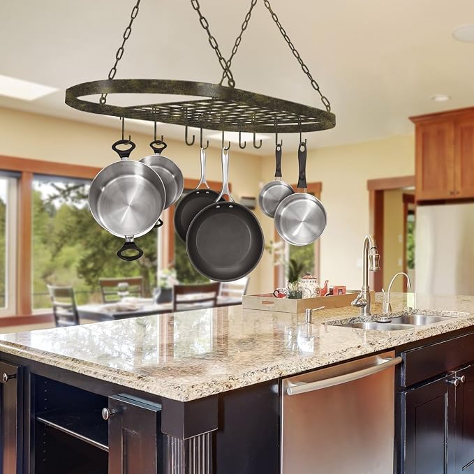 Sorbus Hanging Pot Rack, Ceiling-Mount Kitchen Organizer (Rustic) | Decorative oval fixture with hooks arranges cookware, utensils and books for practical overhead use in homes or restaurants. - Image 4