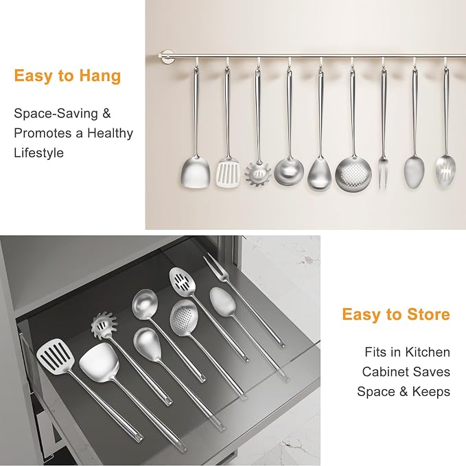 18/10 Stainless Steel Cooking Utensils Set,9 Pcs Professional All Metal Stainless Steel Kitchen Utensils Set with Wok Spatula,Soup Ladle,Skimmer,Slotted Spatula Turner, Large Spoon(Dishwasher Safe) - Image 4