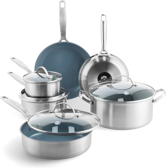 GreenPan Treviso 10 Piece Cookware Set, Non-Toxic PFAS-Free Stainless Steel Ceramic Nonstick Coating, Induction Suitable, Pots, Pans Lids, Sauté & Saucepans, Multi Clad, Dishwasher & Oven Safe by GreenPan