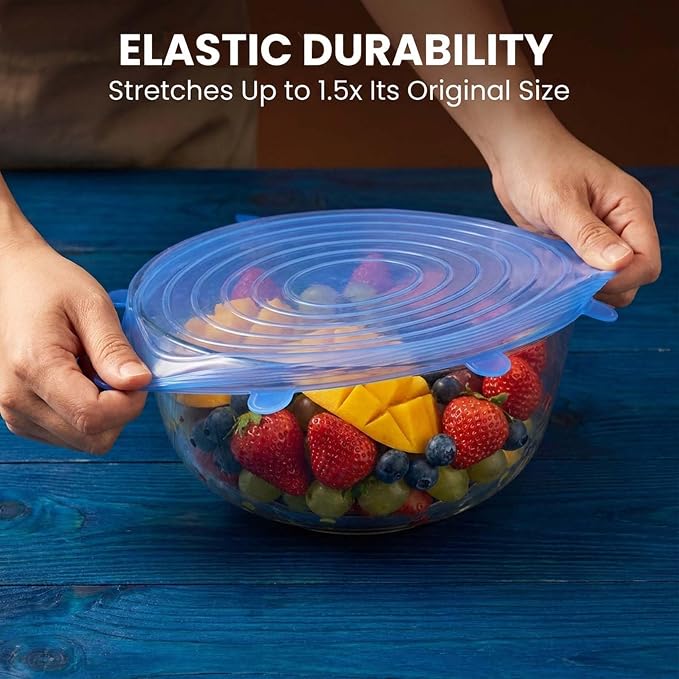 Silicone Stretch Lids 6 Pack Reusable Food Storage Covers, Blue+White 2 Set | 6 Reusable Silicone Stretch Lids • Flexible Fit • Food Storage • Microwave & Freezer Safe • Multi-Size Kitchen Covers - Image 4