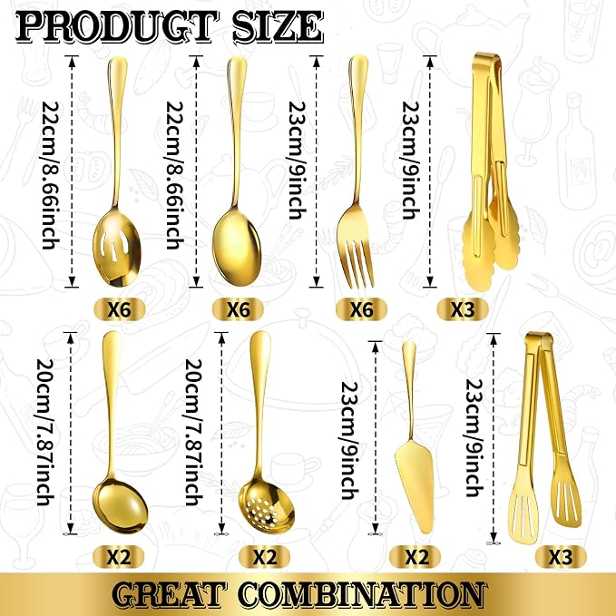 30 Piece Stainless Steel Serving Utensils Set - Buffet Serving Spoons Forks Tongs for BBQ, Parties, Catering, Weddings, Events - Gold - Image 2