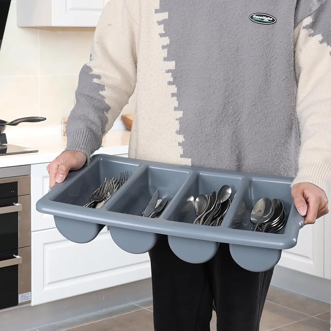 Set of 4 Heavy-Duty Cutlery Bins – 4-Compartment Commercial Silverware Tray (10" Internal Length) – Nestable, Washable, Gray (21.3" x 12.8") - Image 5
