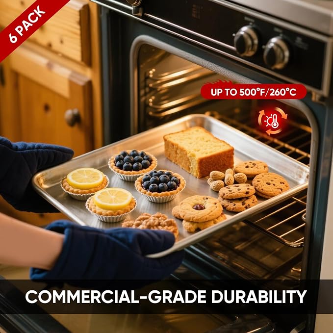 TENUP 6 Pack Aluminum Full Sheet Pan, 26" x 18" Heavy Duty Commercial Baking Tray Reinforced Rim, Warp-Resistant Rust-Free - Image 4