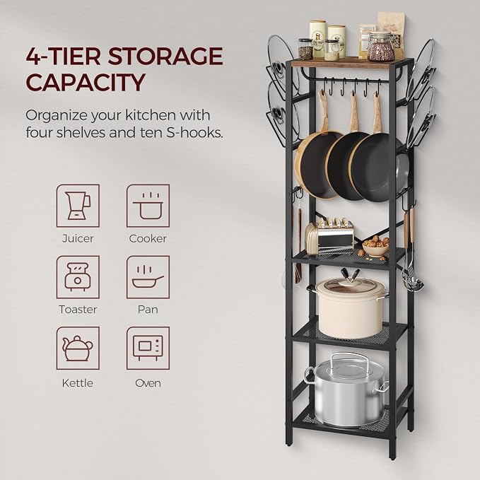 MAHANCRIS 4-Tier Pot Rack, Pots and Pans Organizer for Kitchen Corner, Kitchen Storage Rack with U-Shaped Lid Holders, Freestanding Cookware Stand, Rustic Brown and Black POHR3001 - Image 5