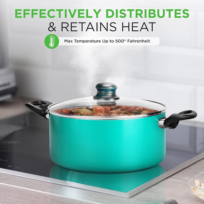 NutriChef 15-Piece Non Stick Kitchen Cookware Set PFOA/PFOS-Free, Colorful Heat Resistant Lacquer w/Saucepot, Frying Pans, Oven Pot, Lids, 5 Utensil - NCCWCOR15 - Image 6