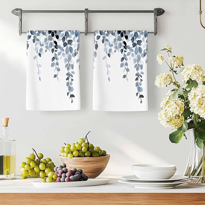Blue Grey Eucalyptus Kitchen Towels Set of 2, Absorbent Dish Towels for Kitchen, Spring Summer Botanical Plants Chic Microfiber Hand Towel, Quick Drying Tea Towel for Cleaning Decorative Dishcloths - Image 3