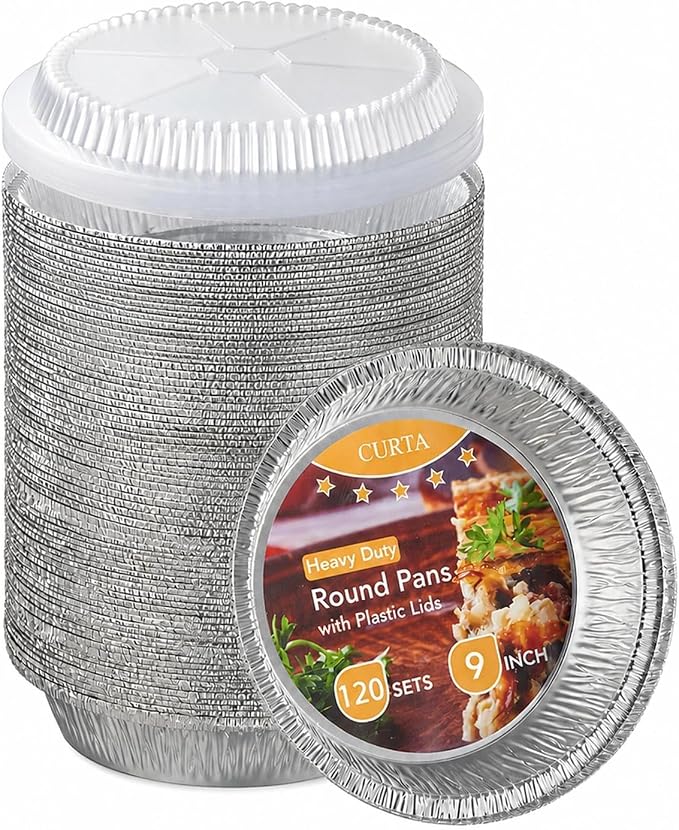 CURTA 9" Round Aluminum Foil Pans with Clear Lids | Heavy Duty | Great for Broiling, Baking, Storage, Roasting, Takeout, Air Fryer | 120 Pack by CURTA