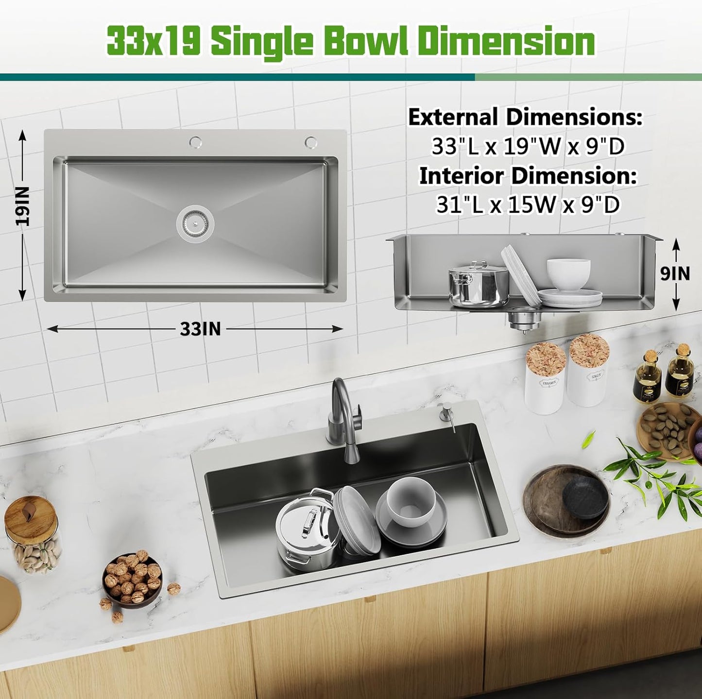 33x19 Inch Drop In Kitchen Sink-Stainless Steel Topmount Modern Single Bowl Kitchen Sink Come With Silicon Mat, Drain Strainer Set Offer Large Basin And Compatibility With Various Kitchen&Bar Style