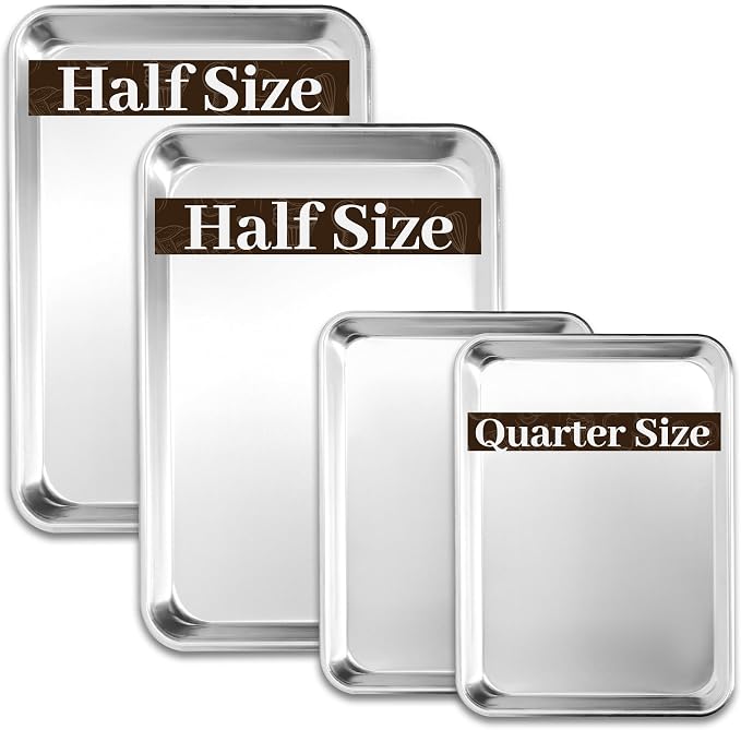 BIEAMA Aluminum Baking Sheet Pan Set of 4, 18" x 13"+ 13" × 10" | Includes 2 Half Sheet Pans & 2 Quarter Size Commercial Heavy Duty Cookie Sheets for Oven by BIEAMA