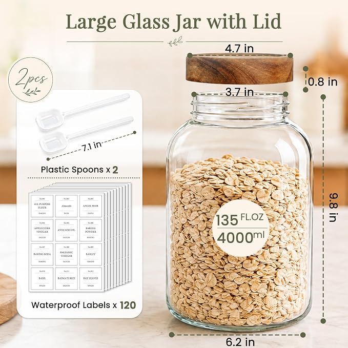 CONNOO 2Pcs-135oz Flour Sugar Storage Containers with Wood Lids - Image 3