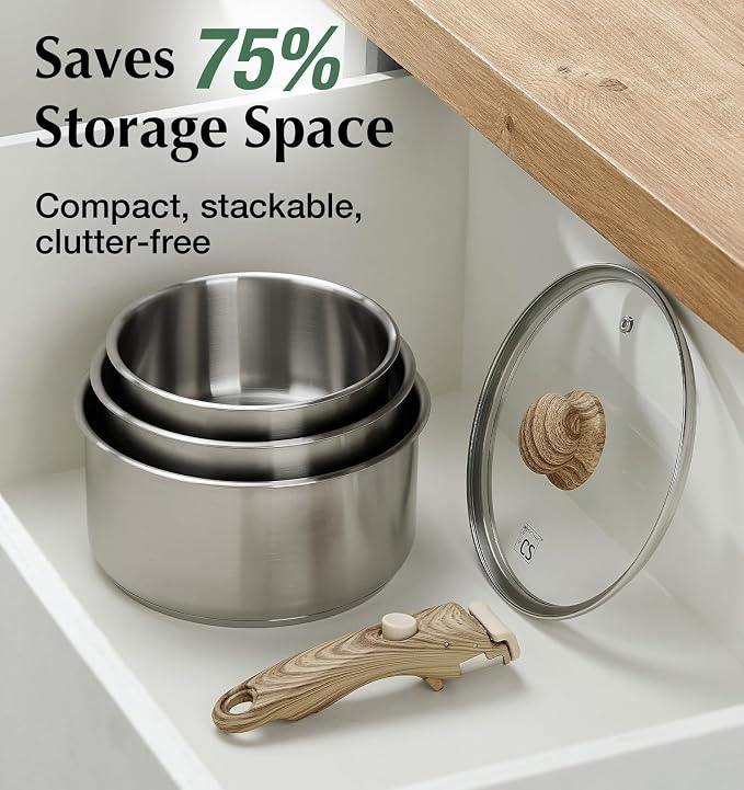 KOCH SYSTEME CS 18/10 Stainless Steel Saucepan Set Removable Handle, 1.5QT & 2QT & 3QT Sauce Pan with Lids, 6pcs Sauce Pot Detachable Handle, Induction Ready, Camping Cookware Set, Unique Gifts - Image 4