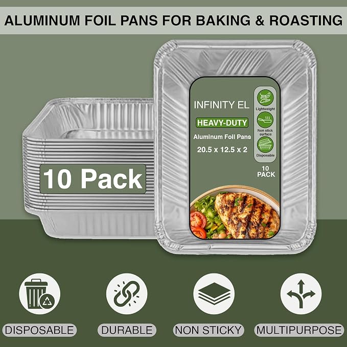 INFINITY EL 10 Pack Aluminum Pans, Disposable Foil Pans, Full Size-Shallow | Heavy-Duty Foil Pans 20.5" x 12.5" x 2", Serving Trays for Roasting Turkey, Lasagna, Christmas & Parties, Freezer & Oven Safe - Image 3