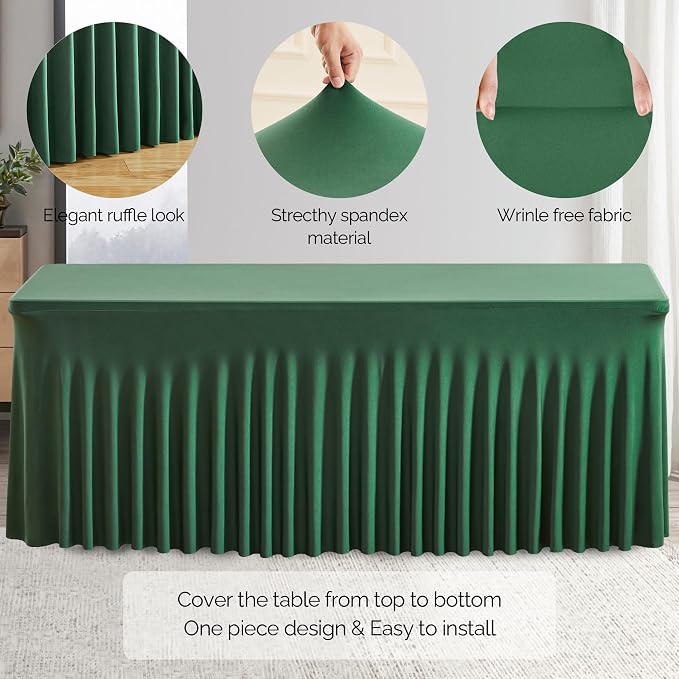 Wish Care 6 Pack Hunter Green Stretch Spandex Table Clothes for 4 Foot Rectangle Tables, 4FT Wrinkle Free Fitted Tablecloths Ruffles Design Table Cover for Party, Banquet, Wedding and Events - Image 5