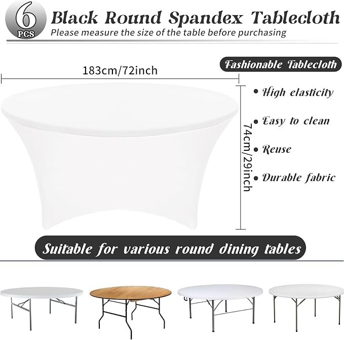 HAISIWLKJ 6Pcs 6FT White Round Spandex Tablecloth 72 inch Stretchable Table Cover Tight Fit Stretch Tablecover Wrinkle Resistant Washable Table Cloth for Weddings Birthday Banquets Parties Festival - Image 2