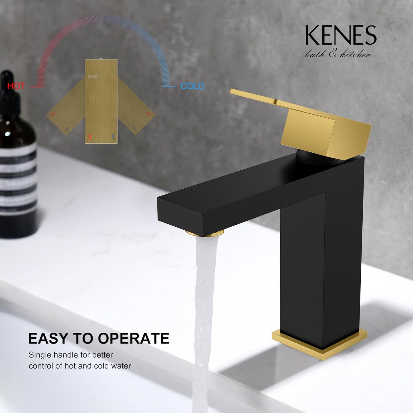 KENES Single Handle Bathroom Sink Faucet, Black and Gold Bathroom Faucets Single Hole, Vanity Faucet with Pop Up Drain and Supply Lines, Matte Black/Brushed Gold LJ-9031-BG