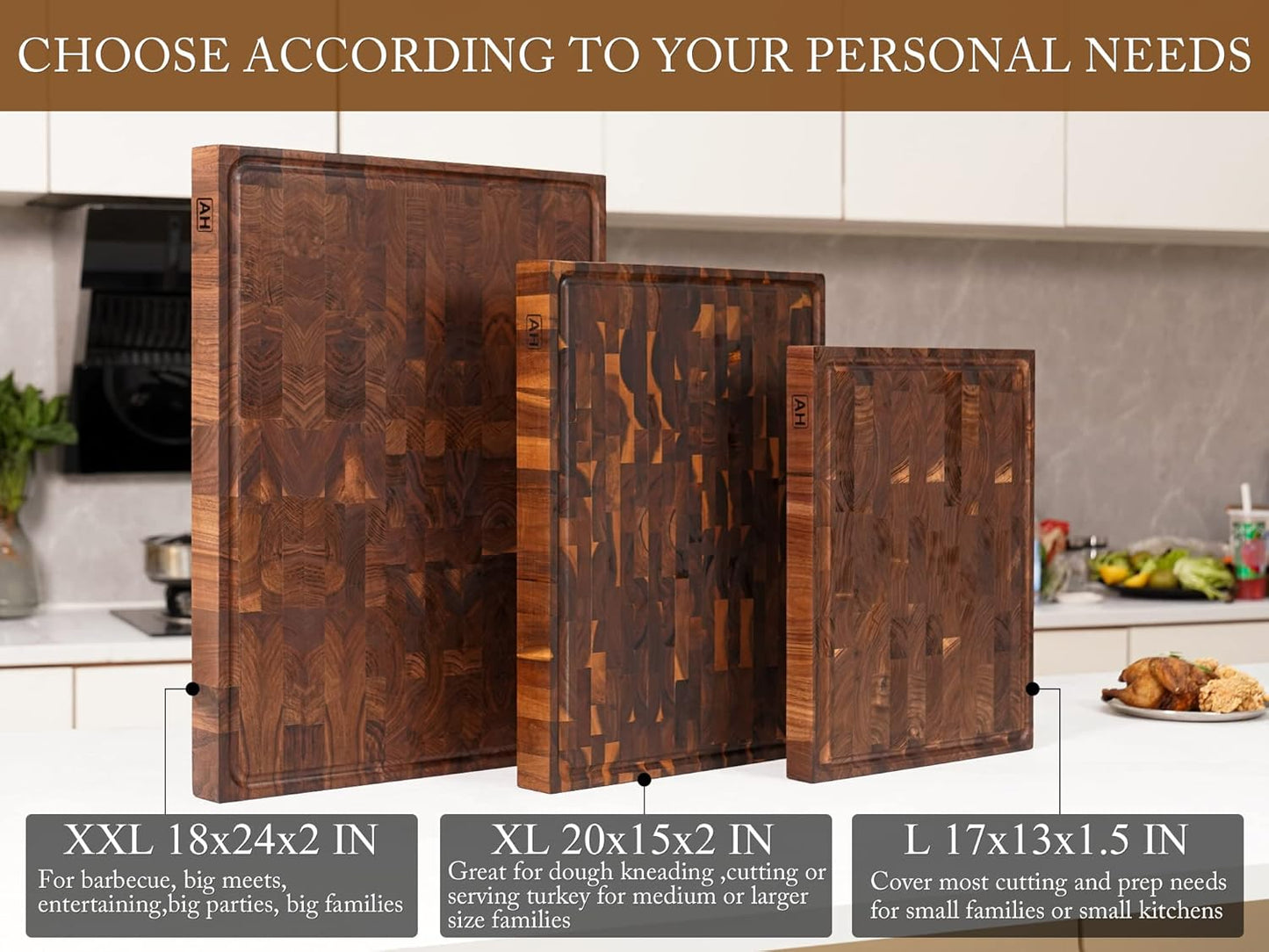 AZRHOM Extra Large Thick Walnut Wood End Grain Cutting Board 20x15x2 In, Wooden Butcher Block, Chopping Board For Kitchen with Juice Groove Handles Non-Slip Pats (Gift Box)