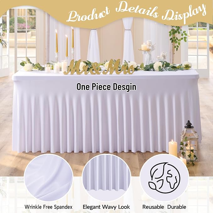 leegleri 8 Pack White Spandex Table Cloths for 6 Foot Rectangle Tables, Wrinkle Free Fitted Table Covers 6ft Stretch Tablecloths with Desk Skirt for Banquet Weddings Parties - Image 3
