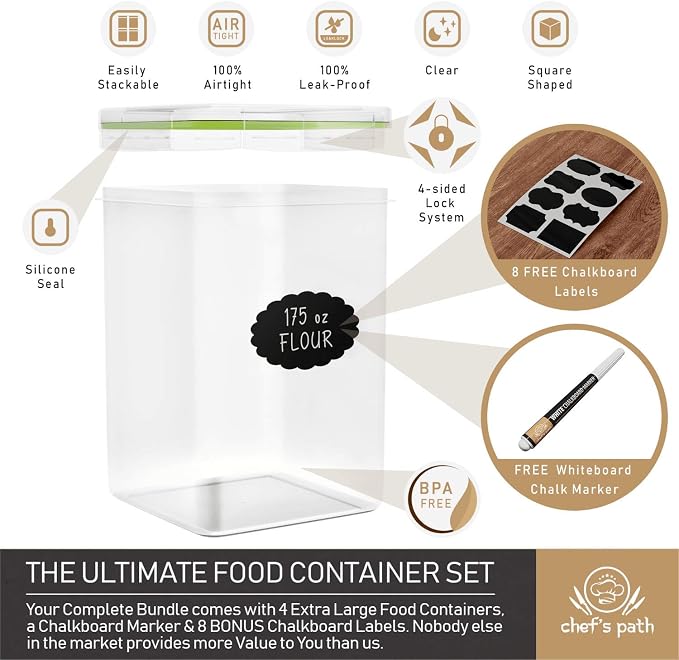 Chef's Path Extra Large Food Storage Containers (8 Pack) with Lids Airtight for Flour Sugar & Rice - Airtight Kitchen & Pantry Organization for Bulk Food Storage - with Markers Labels & Measuring Cups - Image 2