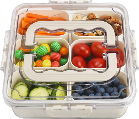 Divided Serving Tray with Lid and Handle, Portable Snack Box Container, 6 Compartments Veggie Fruit Snackle Tray,Charcuterie Platter Box Container for Party, Travel, Entertaining,Picnic, SMALL SIZE