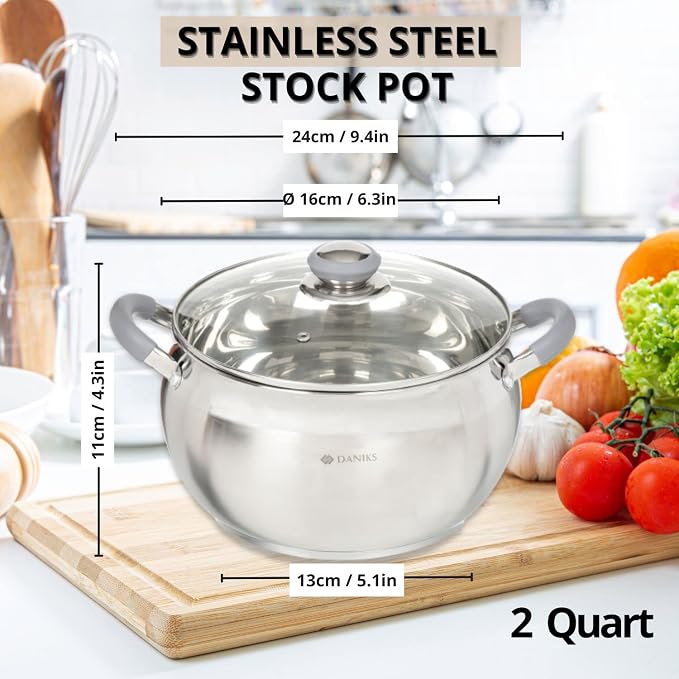 Daniks Modern 2 Quart Stainless Steel Stock Pot with Glass Lid, Tri-Ply Bottom for Even Heating, Induction Compatible, Dishwasher Safe, Heatproof Handles - Image 3