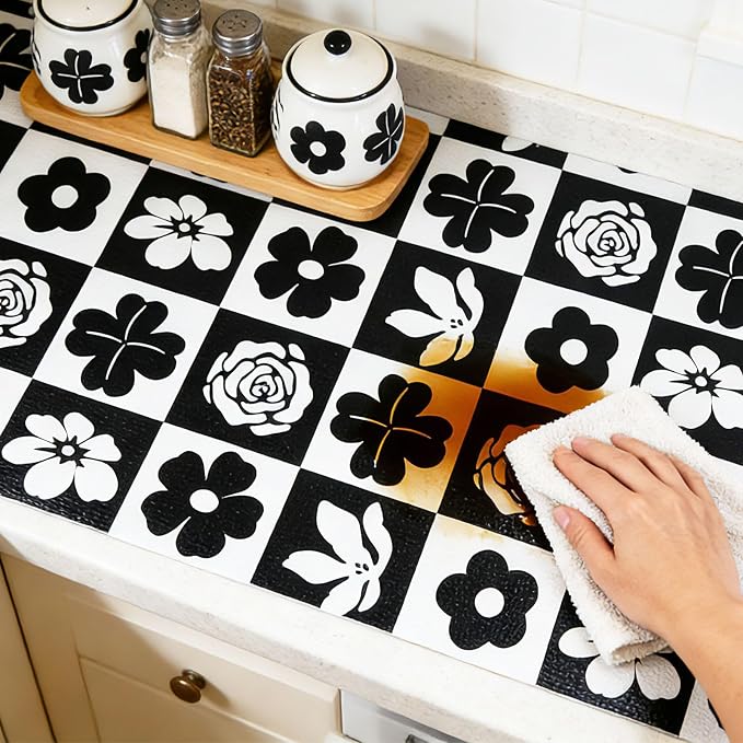 Shelf Liners Non Adhesive Non-Slip Black & White Checkerboard Floral - Image 3