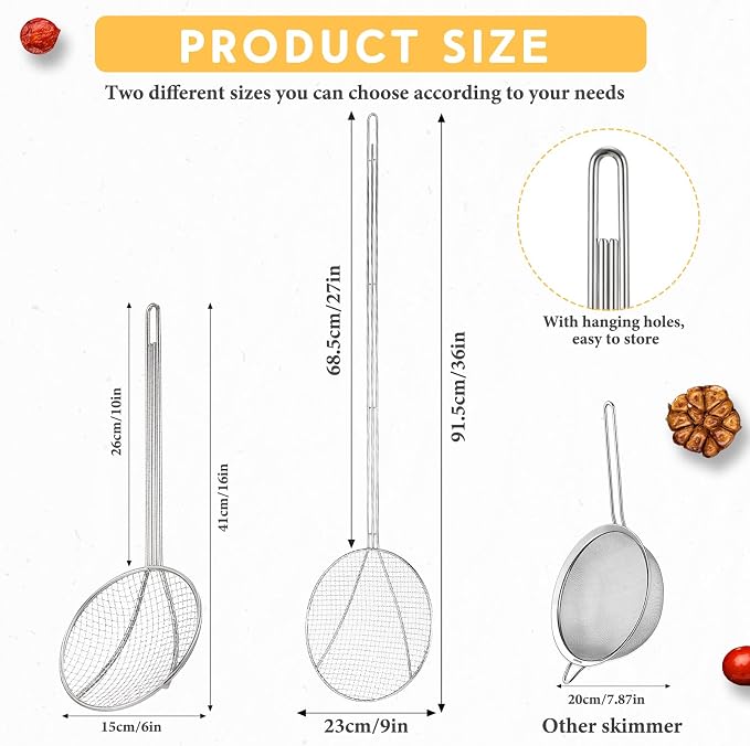 Baderke 2 Pcs 16" Stainless Steel Wire Skimmer Long Handle Strainer Spoon - Image 2
