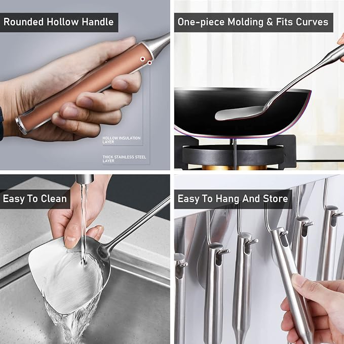 18/10 Stainless Steel Cooking Tools Set - 11PCS All Metal Kitchen Utensils | Round Handle Utensils - 2 Tongs, Fork, Solid Slotted Spoon, Spatula, Soup Ladle, Skimmer, Turner, Spaghetti, Large Spoon - Image 4