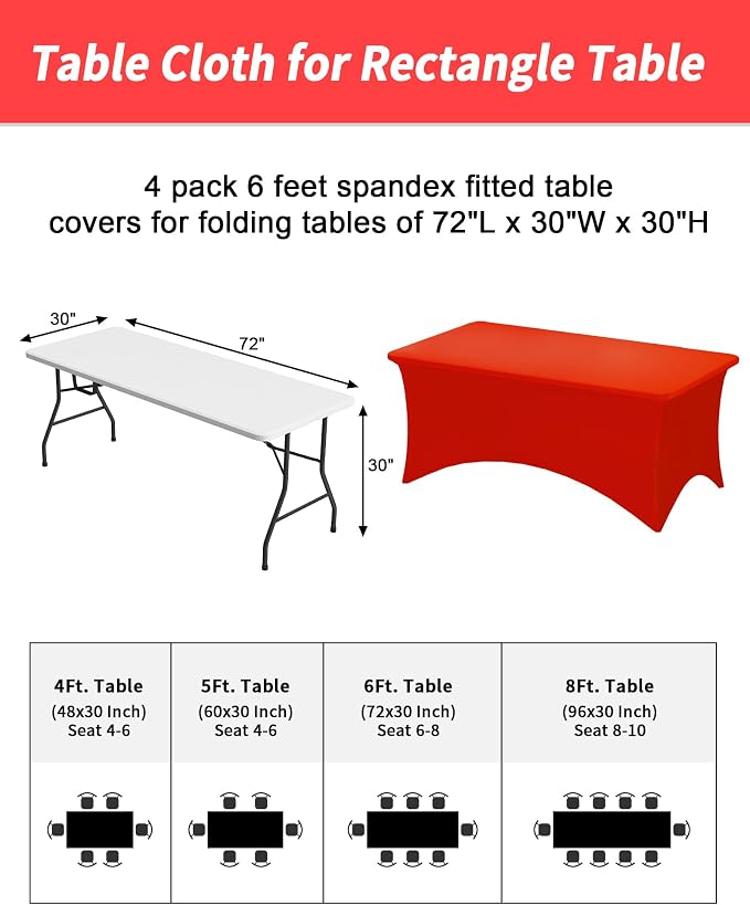 Fixwal 4 Pack 6FT Red Tablecloth Rectangle Spandex Fitted Table Cover - Image 3
