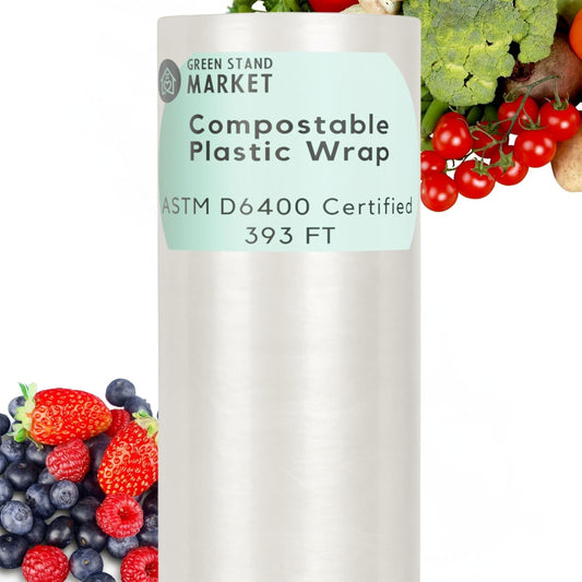 400 Sq Ft Certified Compostable Plastic Wrap – ASTM D6400 Certified Refill Roll – Durable, Food Safe, Plastic-Free Alternative