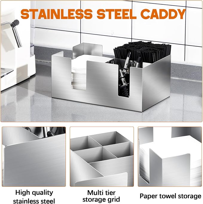 Mifoci 2 Pcs 304 Stainless Steel Bar Caddy with 6 Compartments, Silver Metal Bar Napkin Holder Organizer Cocktail Straws and Toothpicks Condiments for Home Office Kitchen Countertop, 9.5 L x 5.9 W - Image 3