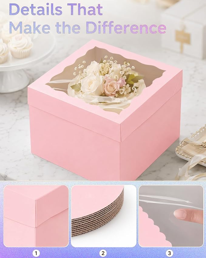 qiqee Pink 12"x12"x8" Cake Box 36Pcs, 12" Pink Cake Round Boards 36Pcs, for Cake, Treat Cookie Dessert, Pastry, Birthday Party - Image 6
