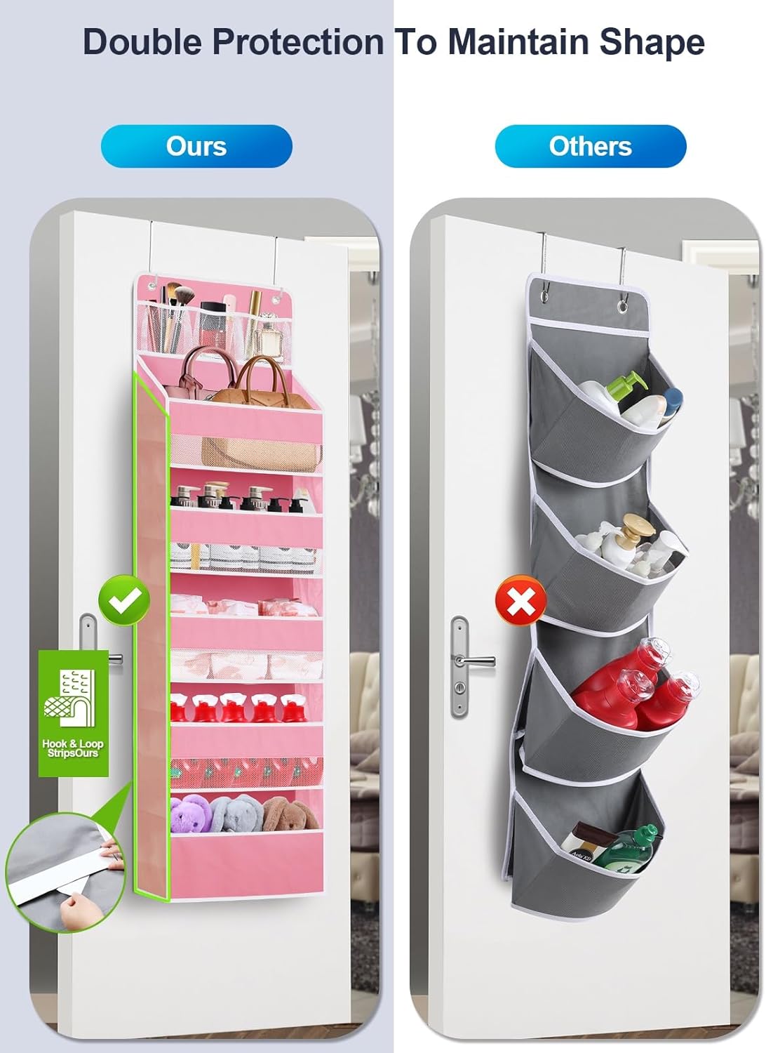 Over the Door Organizers Storage - 6 Shelf Hanging Storage shelves Door Organizer with Pockets, Anti Tilt 44 lb Load Behind Door Organizer for Bedroom,Nursery,Bathroom,Kitchen,Dorm,Shoe - 1 Pack, Pink