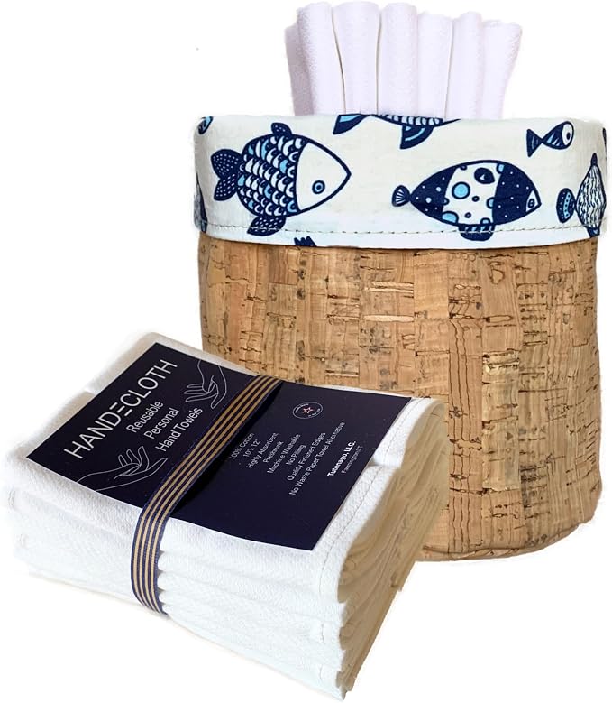 Reusable Paper Towel Set/Towels & Cork Fabric Basket/American Made/Machine Washable/Absorbent and Durable Edges and No Pilling/Reversible (Fish & Cork Basket. 24 Cloths) by HANDECLOTHbyTutenago