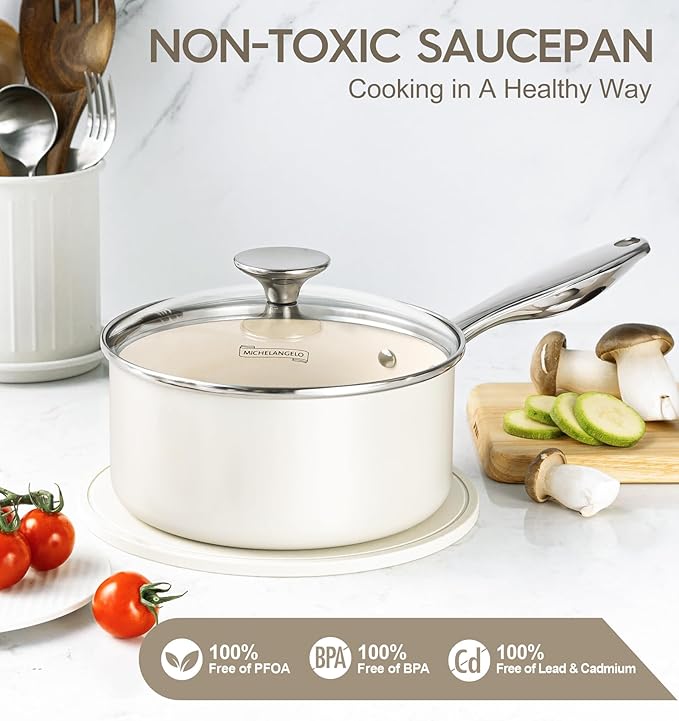 MICHELANGELO Sauce Pan Sets - Ceramic Sauce Pan with Lid, Nonstick Saucepan Set, 1Qt & 2Qt & 3 Qt Small Pots for Cooking, Non-Toxic Sauce Pot, White - Image 2