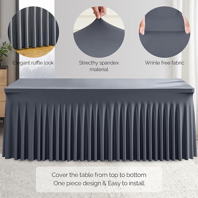 Wish Care 6 Pack Gray Spandex Table Clothes for 8 Foot Rectangle Tables, 8FT Wrinkle Free Fitted Tablecloths Ruffles Design Table Cover for Party, Banquet, Wedding and Events - Image 2